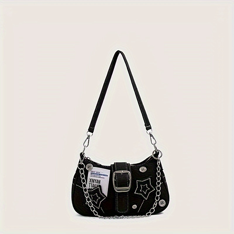 

Y2k-inspired Star Denim Crescent Shoulder Bag With Detachable Strap, Zip Closure - Fashionable Underarm Handbag For Women