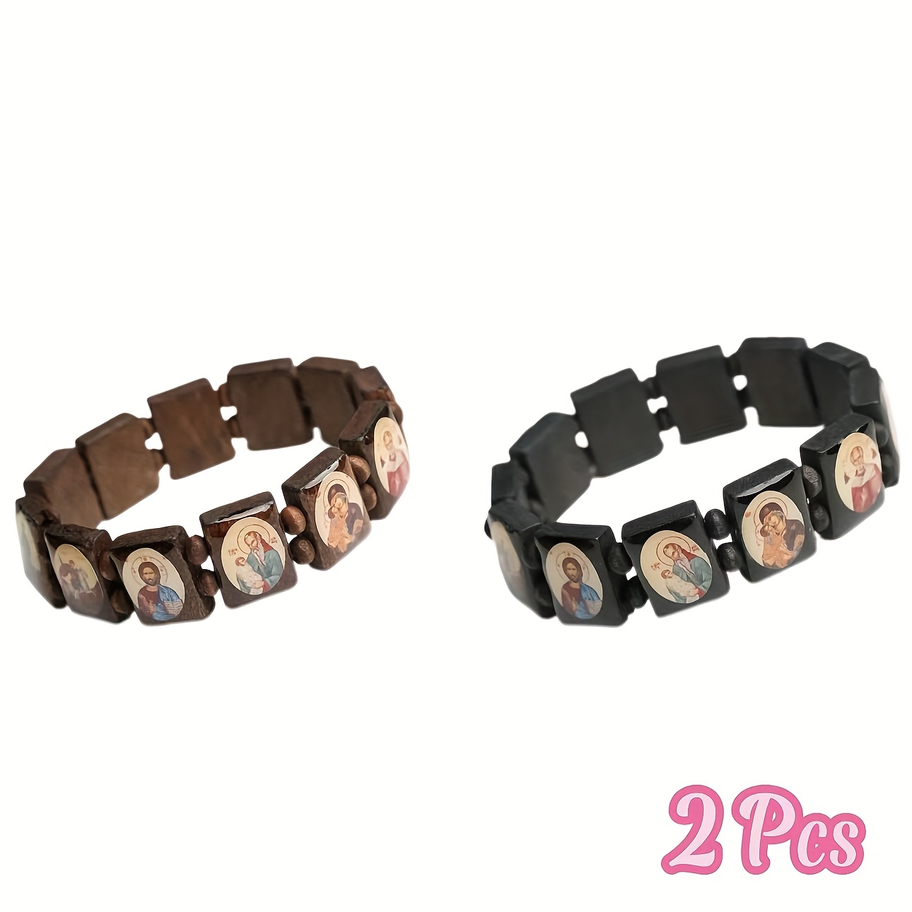 Image of 2pcs Orthodox Christian Icon Bangle Bangle Bracelet With Mary & Saints - Wood Religious Beads, Suitable For , Ideal Gift For Christmas, Easter, Ramadan, Daily Wear, Spiritual For And