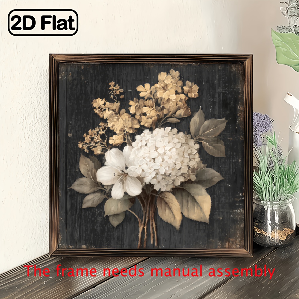 TEMU 8x8 Inch Summer Floral Wall Pediment With Recycled Wood Frame - Vintage Hydrangea Foliage Artwork, Horizontal Home Decor For Living Room,