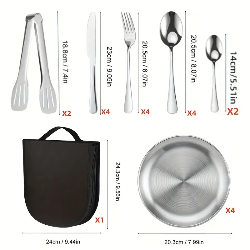21pcs stainless steel polished portable cutlery set durable outdoor with knife forks plates soup spoons bottle opener coffee spoon tongs storage bag dishwasher safe reusable for travel camping parties more Product details 4