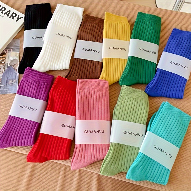 

11 Pairs Solid Ribbed Socks, Korean Style Comfy Mid Tube Socks, Women's Stockings & Hosiery