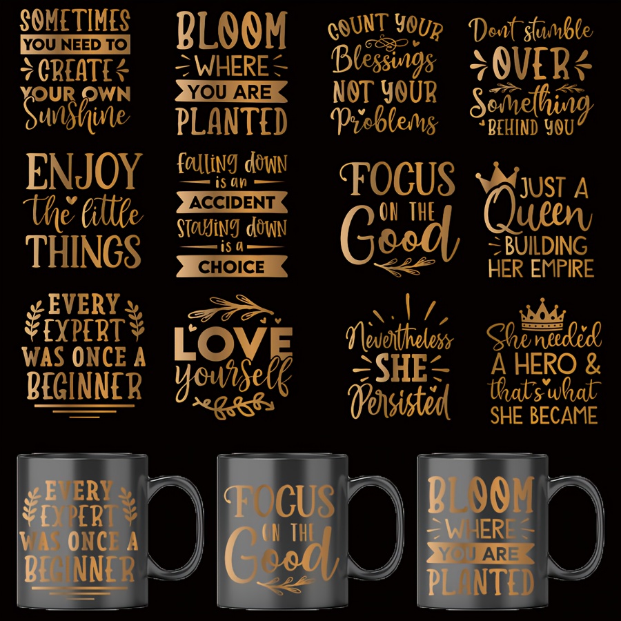 

12pcs Inspirational Quote Mug Transfer Paper, Golden Waterproof Pvc Decals, Uv Dtf Vinyl Transfer Paper For Tumblers, Coffee Mugs, And Drinkware, Diy Decor For Cups, Fridge, And Flat Surfaces