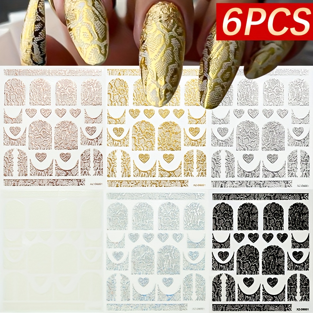 6-color Self-adhesive Snake Nail Stickers Set With French Tips - Realistic Scale Plastic Nail Decals For Diy Manicure/pedicure, Glossy (permanent, One-use Only)
