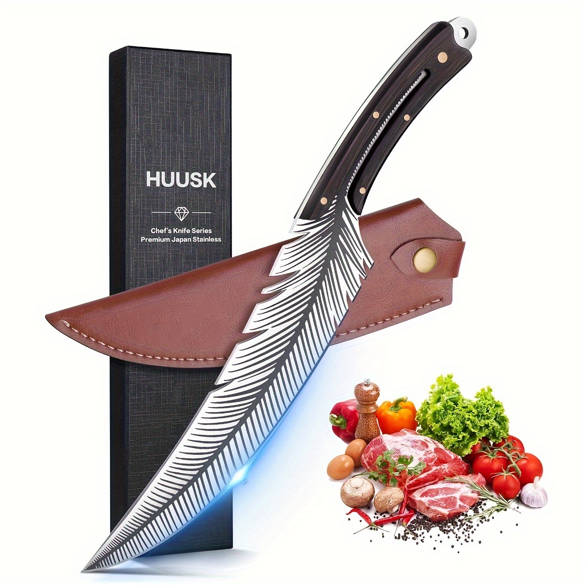 

1pc, Sharp Feather Knife Hand Forged Viking High Carbon Steel Butcher Knife Boning Knife For Meat Cutting Japanese Chef Cooking Knife With Sheath For Kitchen Outdoor Camping