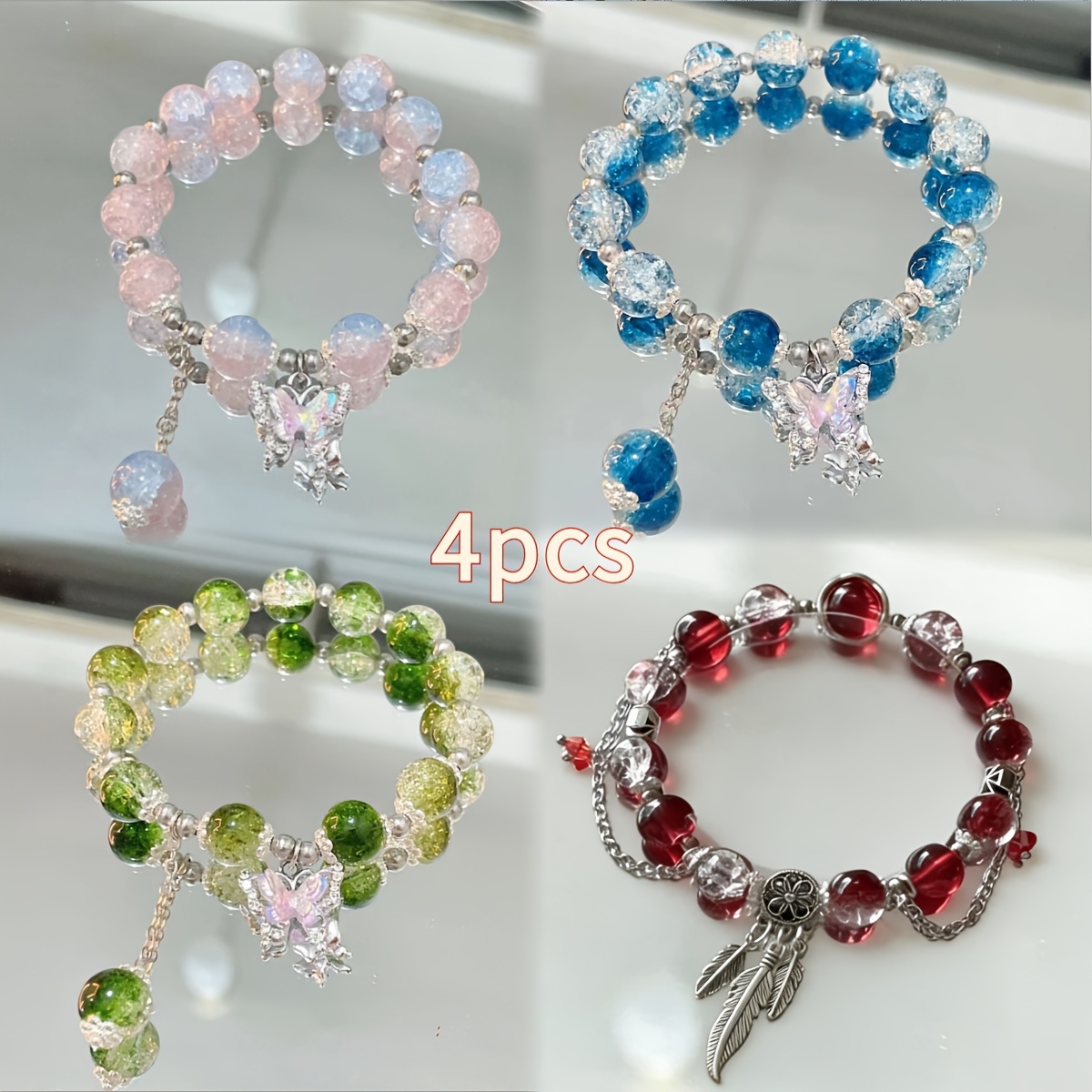 TEMU Ensemble de 4 bracelets de perles en glaçure craquelée colorée, convient pour Pâques, de la fête des Mères et le port , approprié pour