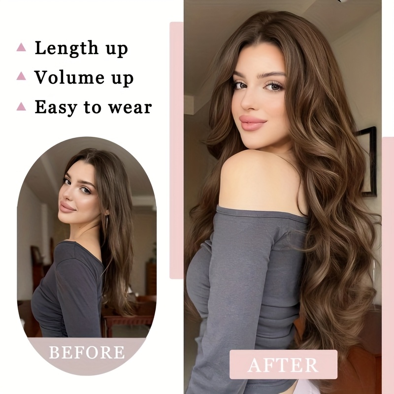 elegant 20 inch v shaped clip on wig for women long curly wavy hairpiece with 4 hidden clips natural look multiple colors beige     daily wear special occasions versatile hairpiece sleek hairpiece   hairpiece details 2