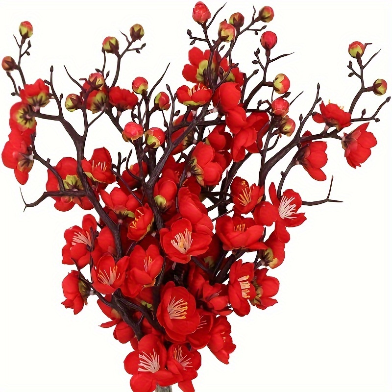 

8pcs Red Artificial Flower Silk Plum Branch Realistic Touch Fax Bouquet Stemless Artificial Plum Branch Arrangement Table Center Home Decoration (red)