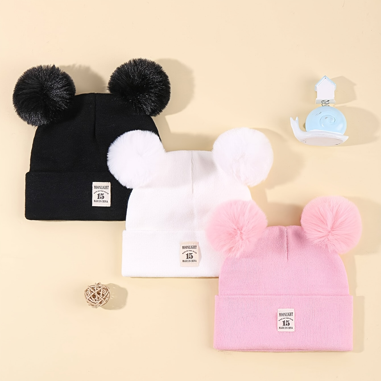 

3pcs Ear Flap Style Knitted Beanie Hats Set With Pom Pom, Cute Warm Soft Outdoor Winter Cap, For Baby