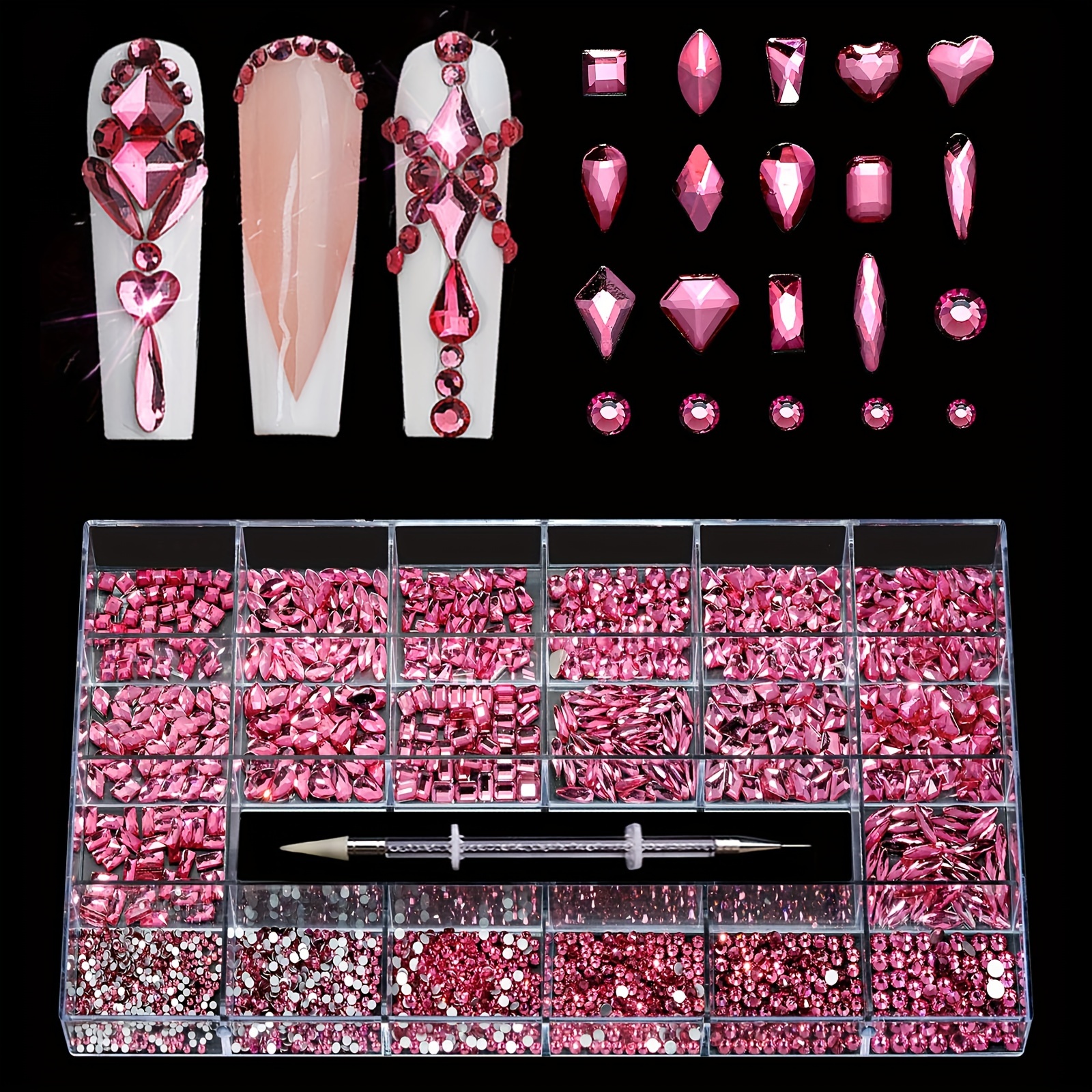 21-slot Rose Red Rhinestone Nail Art Set, Flatback And Special-shaped Nail Decorations