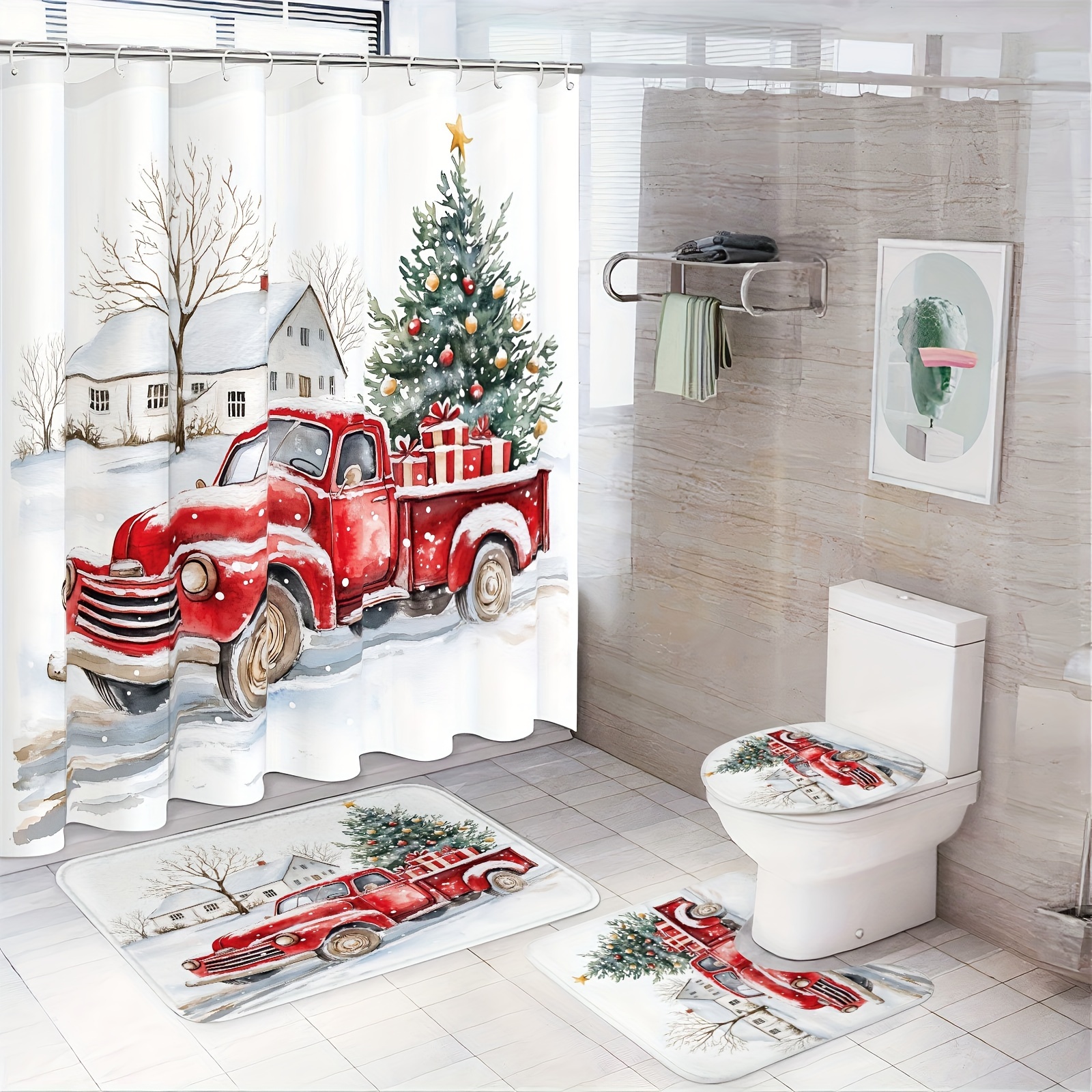 

Christmas Cheer Shower Curtain Set With & Snowflake Design - Includes Waterproof Curtain, Non-slip Bath Mat, U-shaped Rug, And Toilet Lid Cover - Decor Shower Curtain Sets For Bathrooms