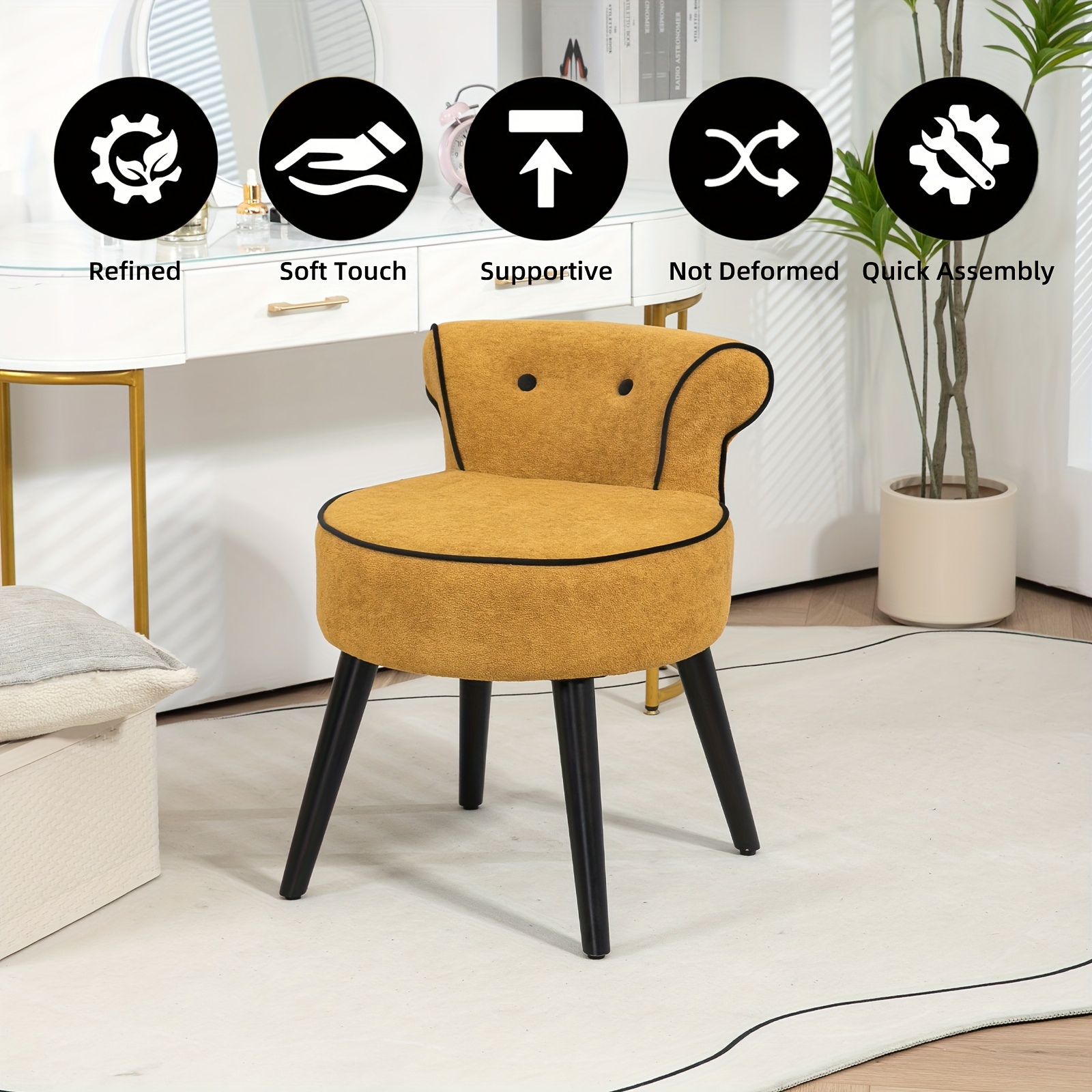 Tabouret De Coiffeuse Avec Dossier Nœud Papillon - Blanc, Structure Acier, Rembourré - Pour Maquillage, Salon - Pieds Réglables - 12