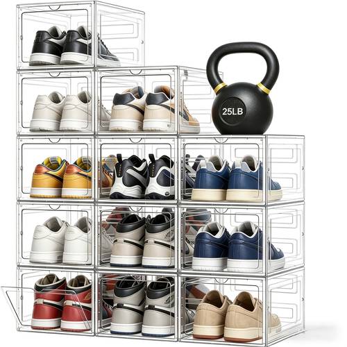6 12 pack clear shoe storage box stackable shoe organizer for closet heavy duty foldable sneaker display container drop front door fit us size 12