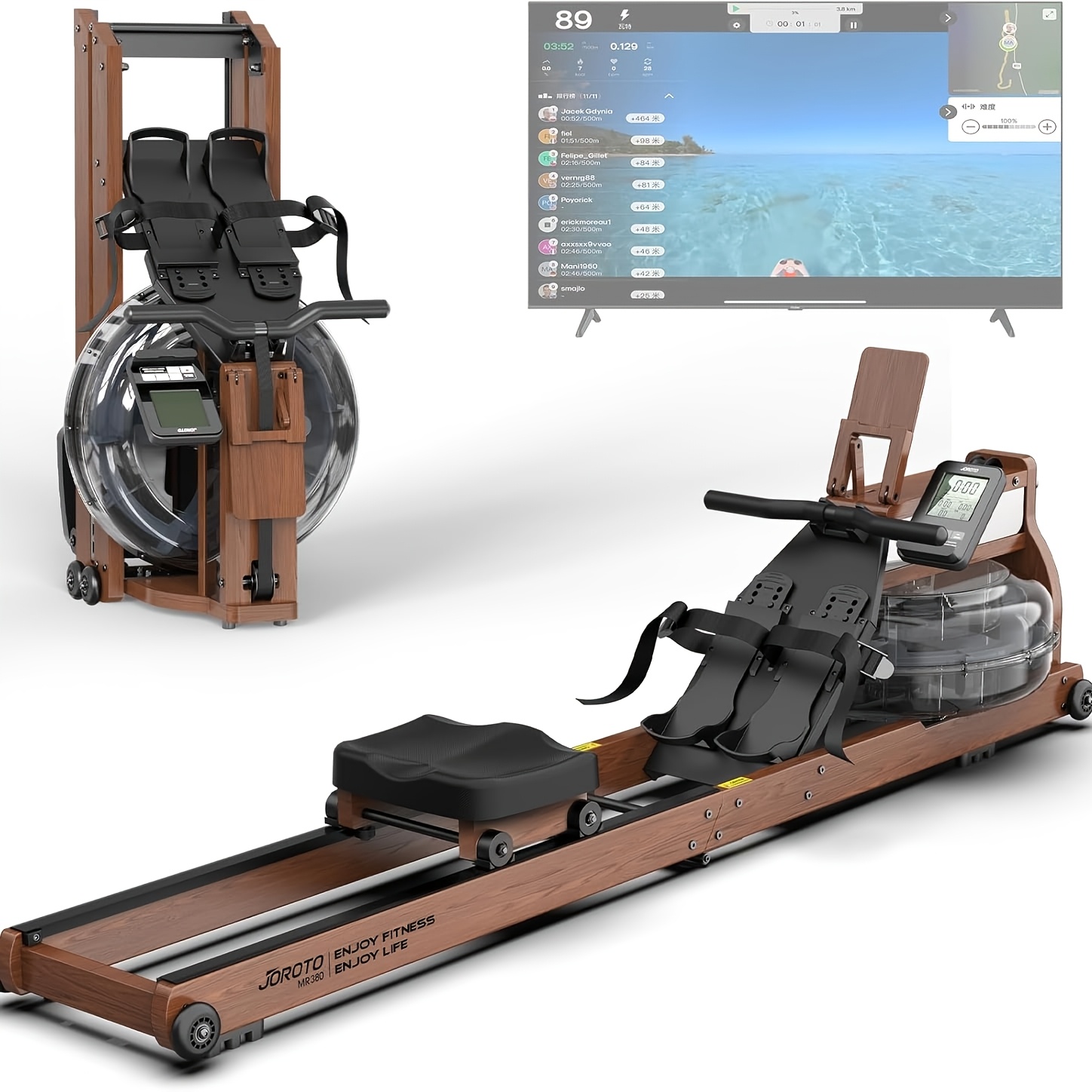 Image of Joroto Home Use Rowing Machine, Folding Oak Wood Rowing Machine, 28l Water Tank Enlargement, Weight Capacity 158kg With Wireless Monitor, Phone And Tablet Stand, Present Water Pump, Without Battery
