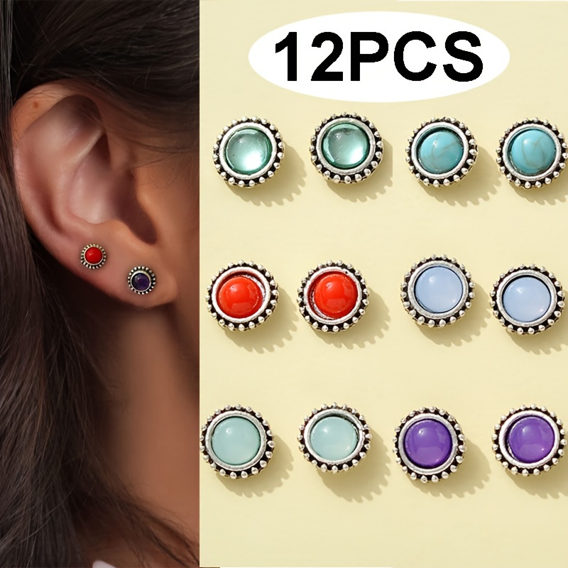 

12 Pcs Set Of Round Stud Earrings Alloy Jewelry Vintage Bohemians Tyle Suitable For Women Summer Vocation Ear Ornaments