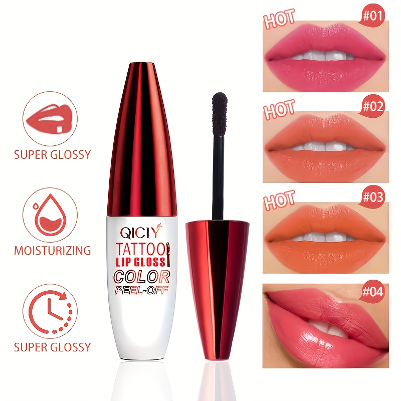 TEMU 4pcs Set Of Tattoo Lip Glosses, 10g - Long-lasting Moisturizing Liquid Lipstick, Waterproof, Non-sticky Cup, Glossy, Nourishing Tear-off Lipstick, Berry/pink/red Tones, Perfect For Easter & Gifts
