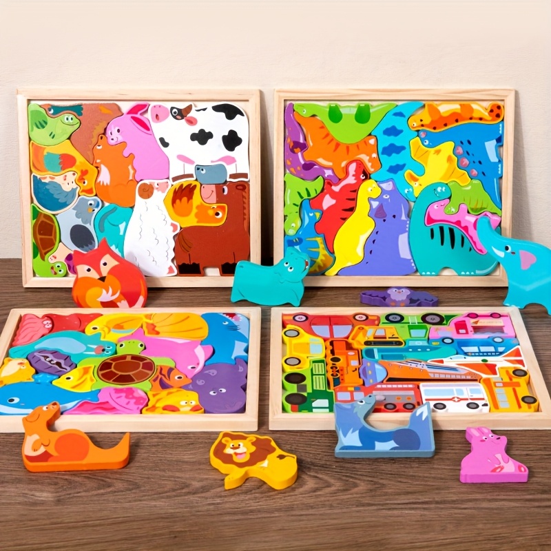 

Creative 3d Wooden Puzzle Set - Educational Building Blocks With Dinosaur, Animal & Transportation Designs - Toy For , Ideal Christmas Gift