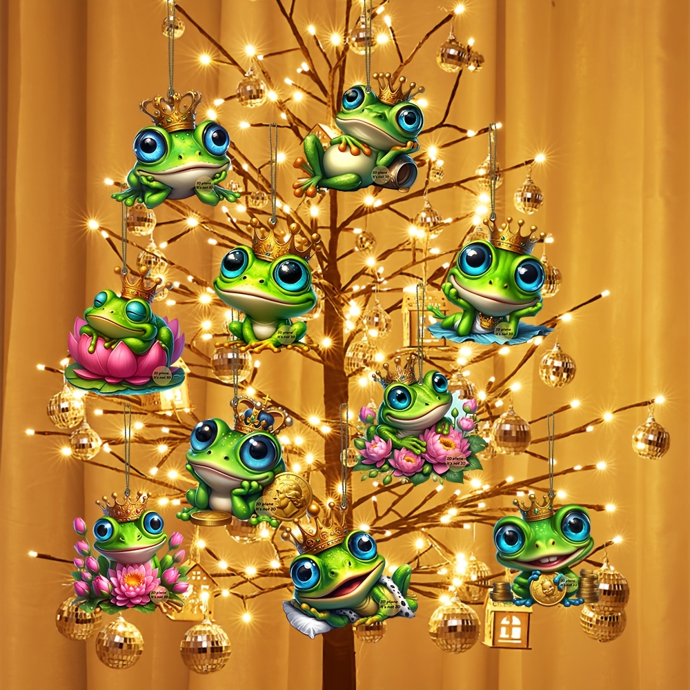 

10pcs Set, Handcrafted Wooden Flatback Frog Ornaments, Style Christmas Tree Decorations, No-feather Festive Holiday Gifts, Wood Hanging Charms For Use