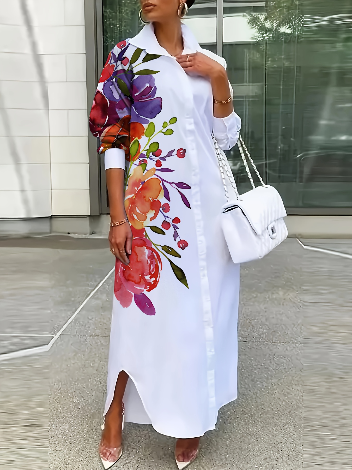 women's plus size floral print shirt dress elegant collared Temu