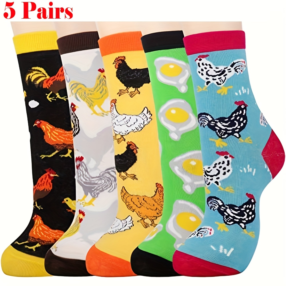 TEMU 5-pair Women's Socks For - Trendy Chicken Print Socks, Soft Breathable Calf-length Crew Socks. Fun Chicken Gift For Women And Men, Novelty Cute