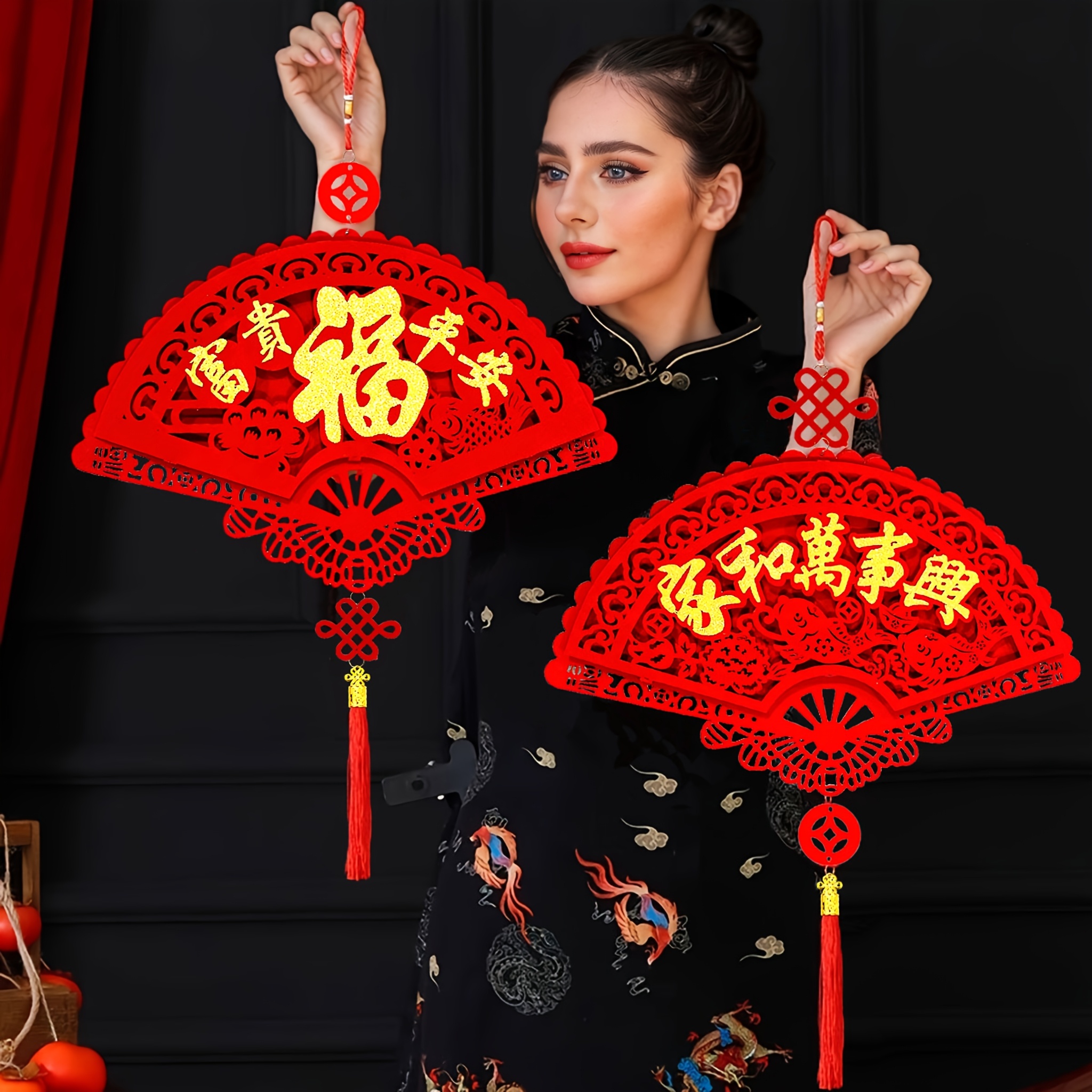 

1pc Red Fabric Chinese New Year Fan-shaped Wall Hanging, 3d Cutout Floor Mounted Decoration With Tassel, Pop Theme For Housewarming And New Year Celebrations