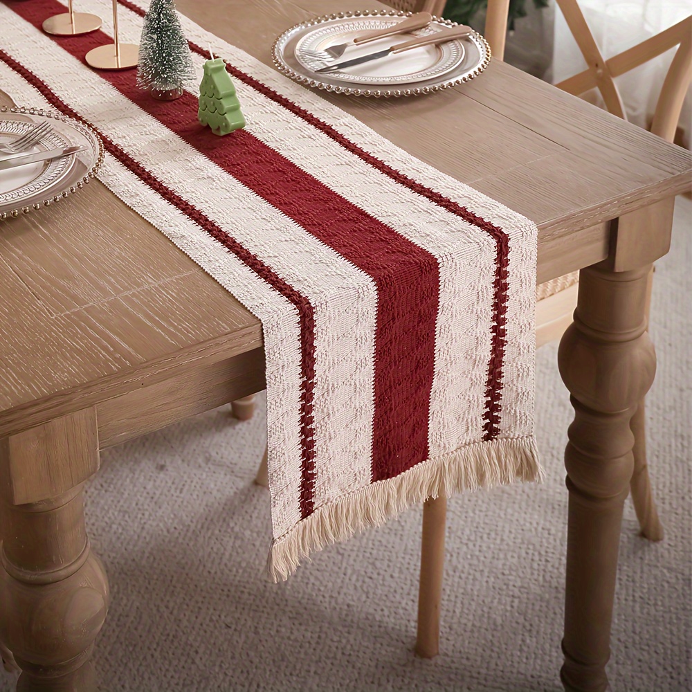 

-cotton Table Runner With Tassels - Dark Red Striped, Christmas & Gatherings