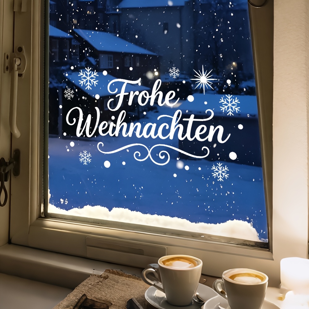 Image of 2d Flat - 2d Flat Christmas Window Cling Elegant Script Frohe Weihnachten German Merry Christmas Text Snowflakes Reusable Static Glass Decal, Perfect For Household Windows, Storefront