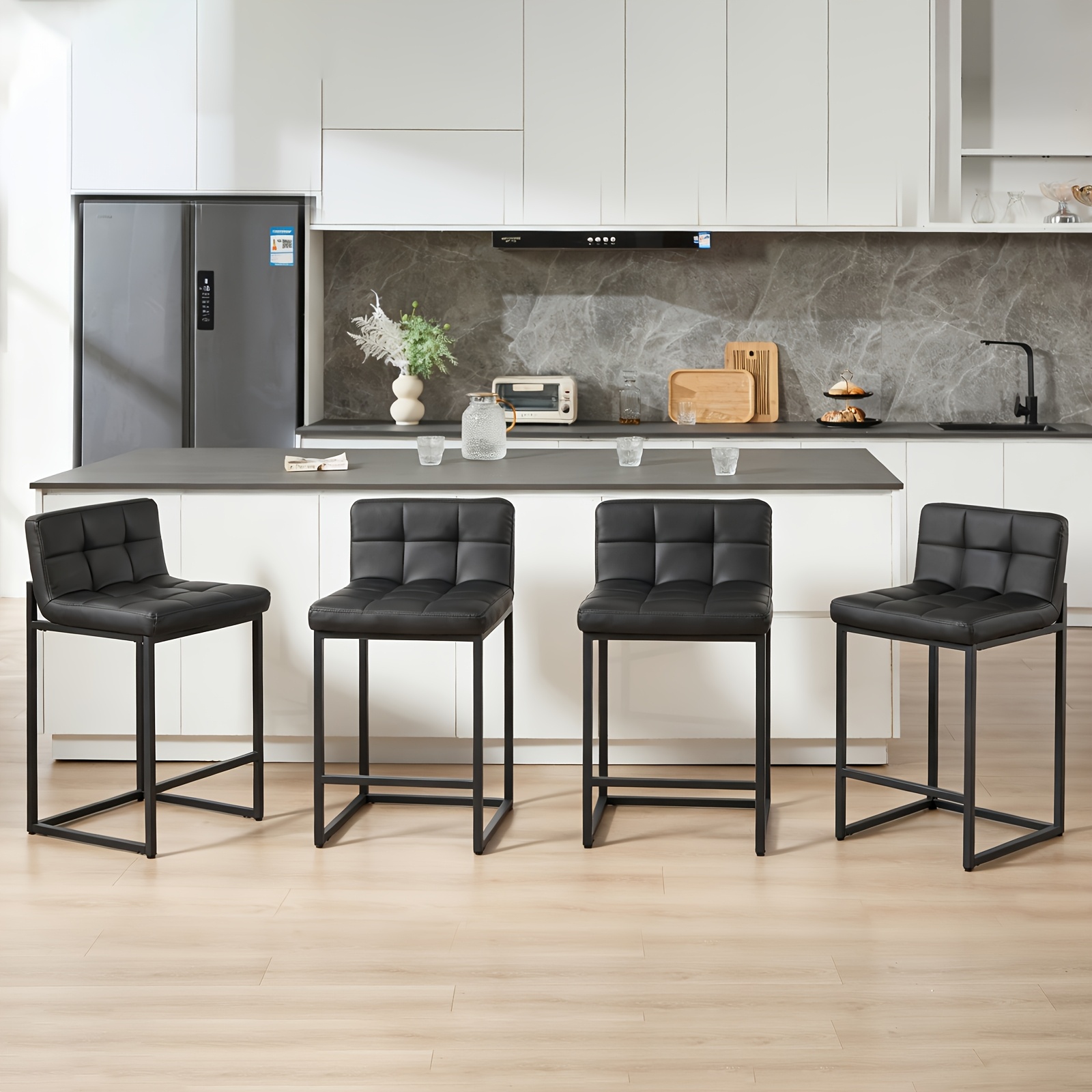 DMKAI Set Of 2 Modern Counter Height Bar Stools - Black Faux Leather Upholstered, Diamond-Tufted Seat, Sturdy Black Metal Cantilever Base with Footrest | Minimalist Bar Stools for Kitchen Island