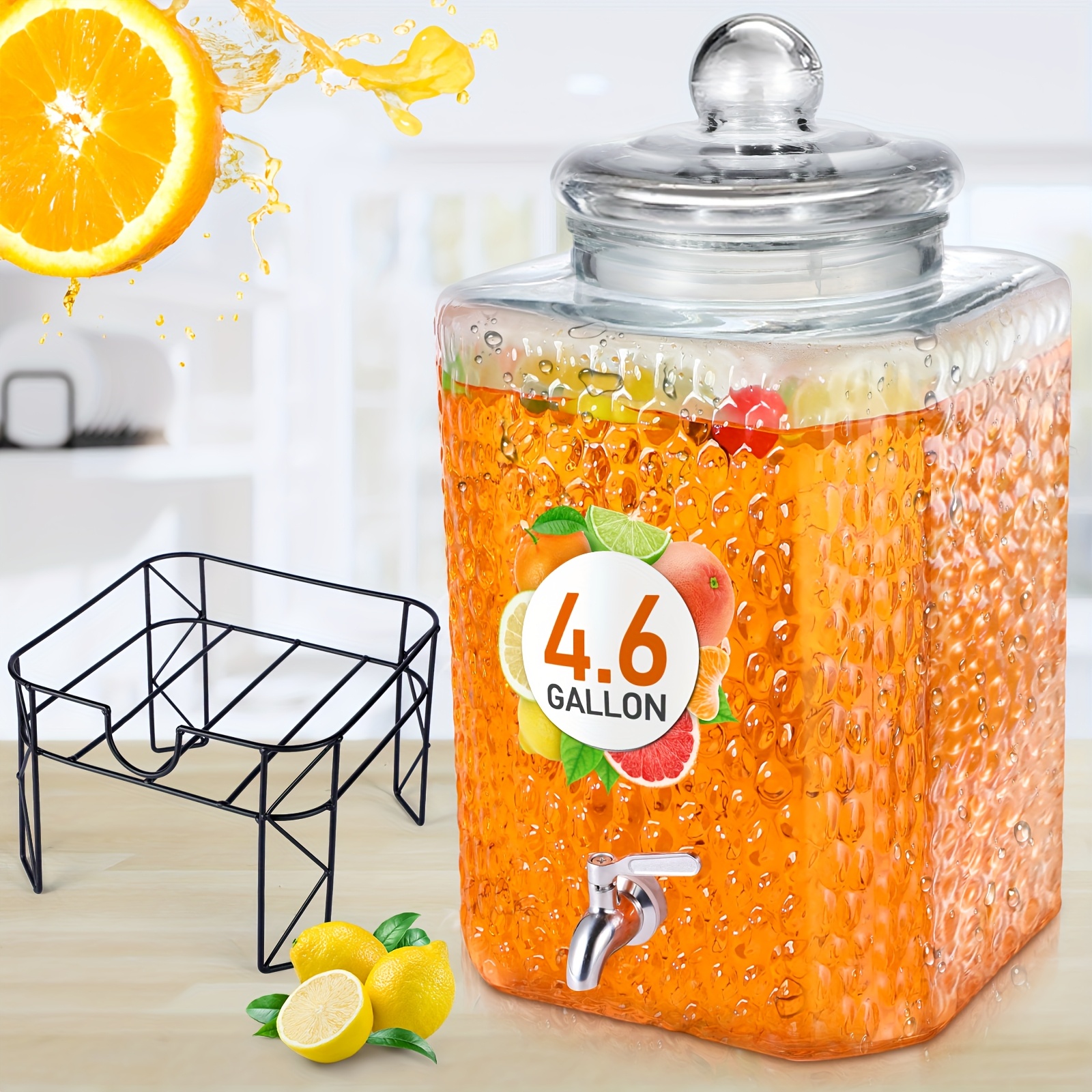 TEMU 4.6 Gallon Glass Beverage Dispenser With Stand Stainless Steel Spigot Glass Lid Leakproof Drink Dispenser Clear Lemonade For Party Wedding Kitchen