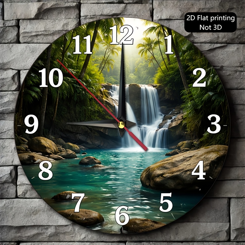 TEMU 1pc, 2d Flat Wall Clock, Waterfall In With Palm Trees And Clear Blue Pond, Suitable For Living Room, Bedroom, Office, Cafe, Hotel Decor