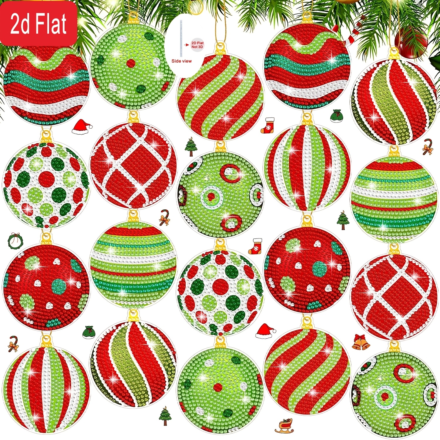 TEMU 20pcs (20pcs) Diy 5d Diamond Christmas Ornaments - Round Ball Suitable For Adult Craft Kits With Lime Green & Red Diamond Patterns, Hanging Tree