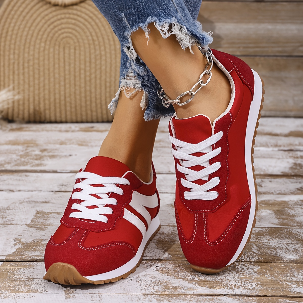 Women'S Red Fabric Sneakers Casual Lace-Up Round Toe Shoes with TPR Sole  Casual Attire and Holiday Gifts, Casual Footwear Stylish Red