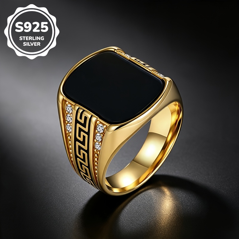 Image of 1pc S925 925 Silvery Plated Fashionable Business Black Synthetic Cubic Zirconiaia Ring, Unisex, High-quality Jewelry, Sizes 8-13, Suitable For Daily Casual And Business Party Occasions.