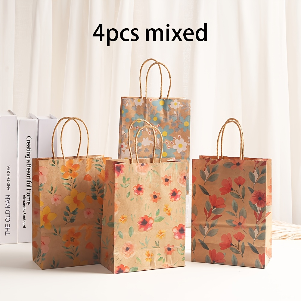 TEMU Sacs Cadeaux Printaniers Floraux de Fête Vintage en Papier avec Poignées, Divers Styles Sacs en Papier à Imprimé Fleurs Colorées, Sacs de pour