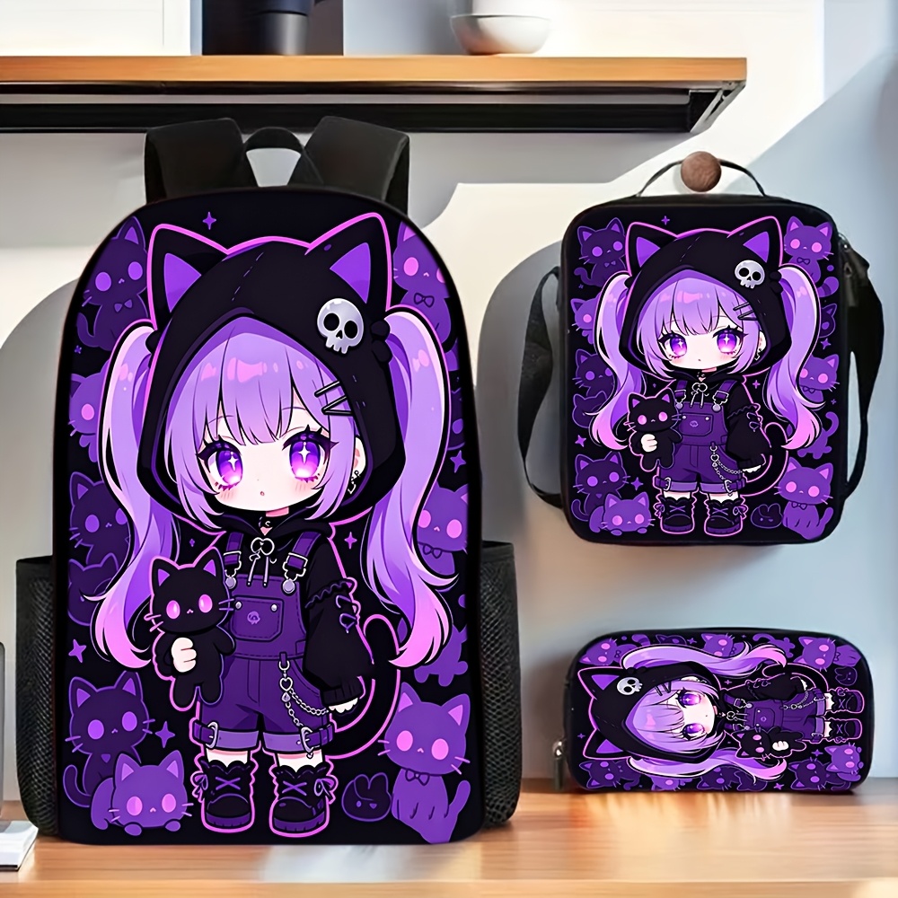 TEMU Purple Cute Anime Cat Girl Print 3pcs Backpack Set, Unisex With Adjustable Shoulder Straps, Suitable For Daily Use, School, Commute And Outdoor