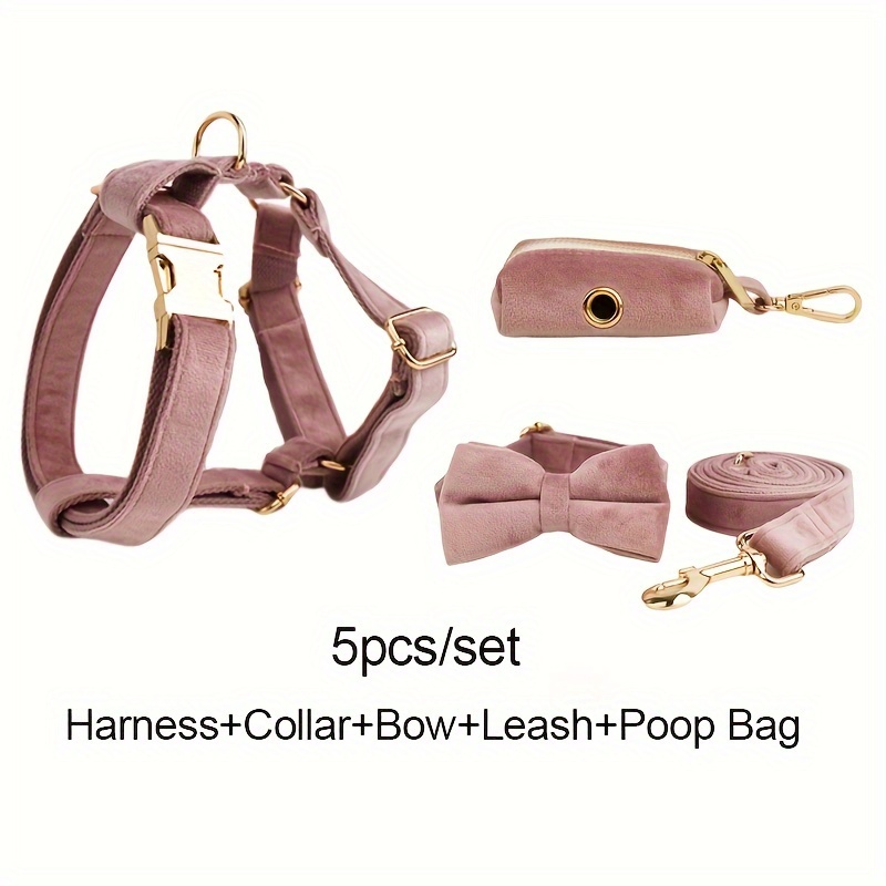 TEMU [customizable] 5pcs Dog Collar And Leash Set Including 1pc Adjustable Soft Collar, 1pc Dog Leash, 1pc Free Poop Bag, 1pc Removable Bow Tie And