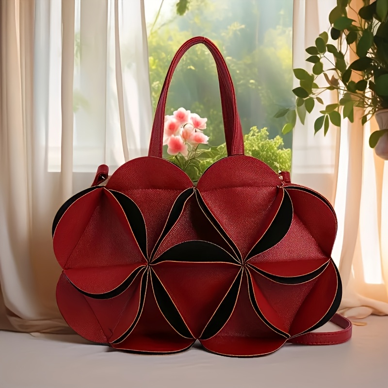 TEMU Fashion Trendy Sweet Women's Elegant Handbag, Wine Red Floral Print Women's Evening Crossbody Bag, Minimalist Spring Summer Style, Adjustable