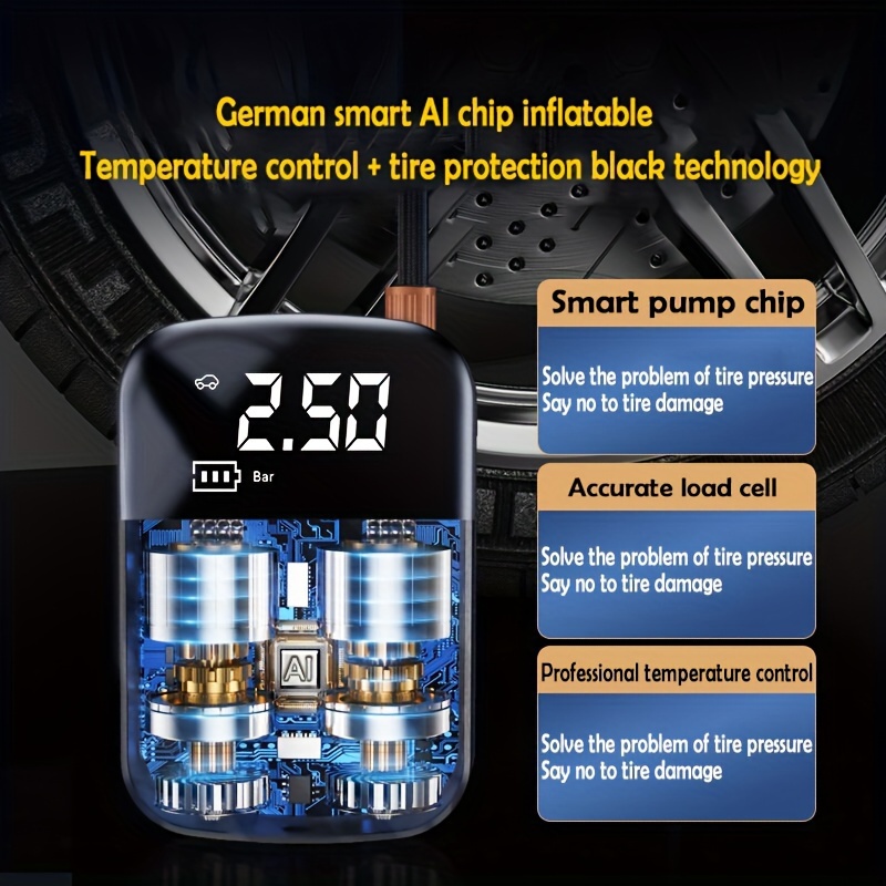 Ultra-Fast 150PSI Cordless Tire Inflator with LED Light & Digital Display - Portable Air Compressor for Car, Motorcycle, Bicycle & Sports Ball Pumps, Durable ABS Material, Rechargeable 18650 Lithium Battery, USB Type-C Cable Included, Quick Inflation System for Vehicles, Portable Tire Inflato
