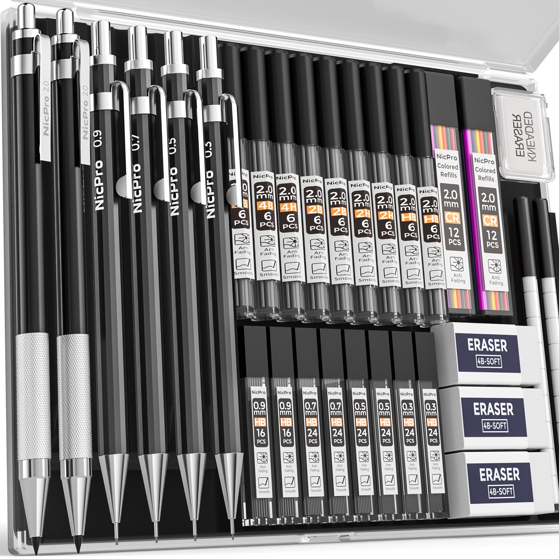 Image of 6pcs Black Art Mechanical Pencils Set, Metal Drafting Pencil 0.3, 0.5, 0.7, 0.9mm & 2pcs 2mm Lead Holder (6b 4b 2b Hb 2h 4h Colors) For Sketching Drawing With 19 Tube Lead Refills Case