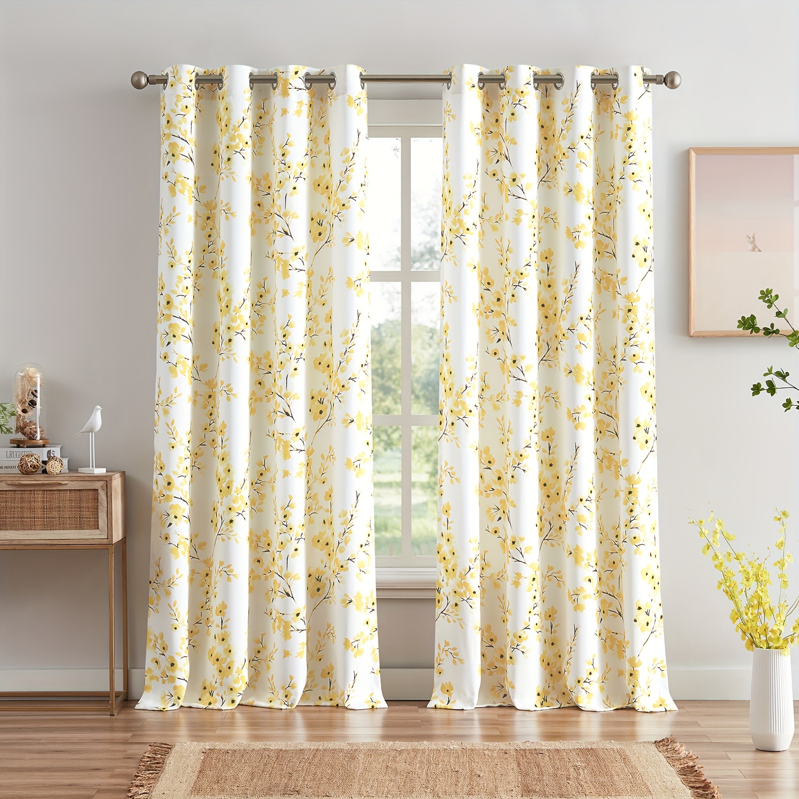 

2pcs Floral Printed Curtains For Living Room, Lightweight Elegant Window Drapes, Farmhouse Print White Decorative Grommet Drapes