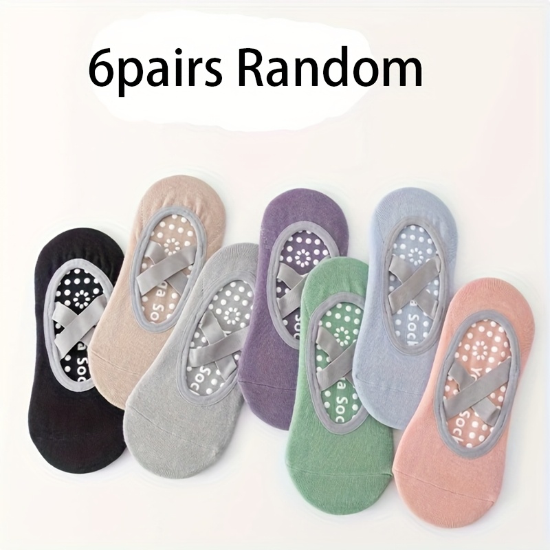 E-shop 6 Paar Yoga-Socken, Griffsocken, Sport-Socken mit gekreuztem Riemen rutschfestem Griff, geeignet für Pilates-Ballettstange, gepunktete