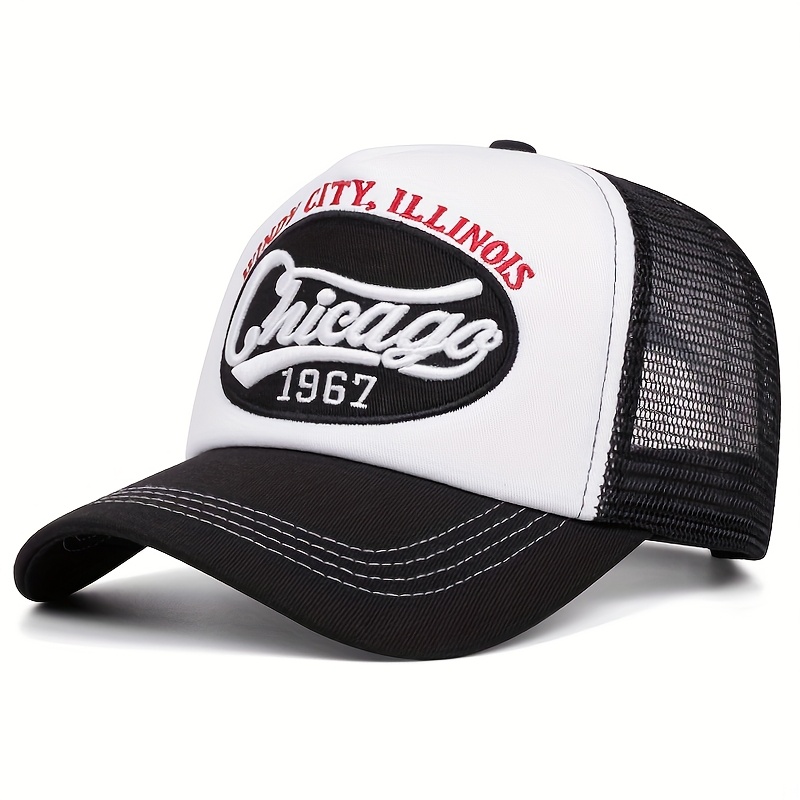 TEMU 1pc Chicago 19"67" Vintage-style Mesh Trucker Hat - Adjustable Snapback, Lightweight & Breathable Baseball For Men And Women, Black With Design,
