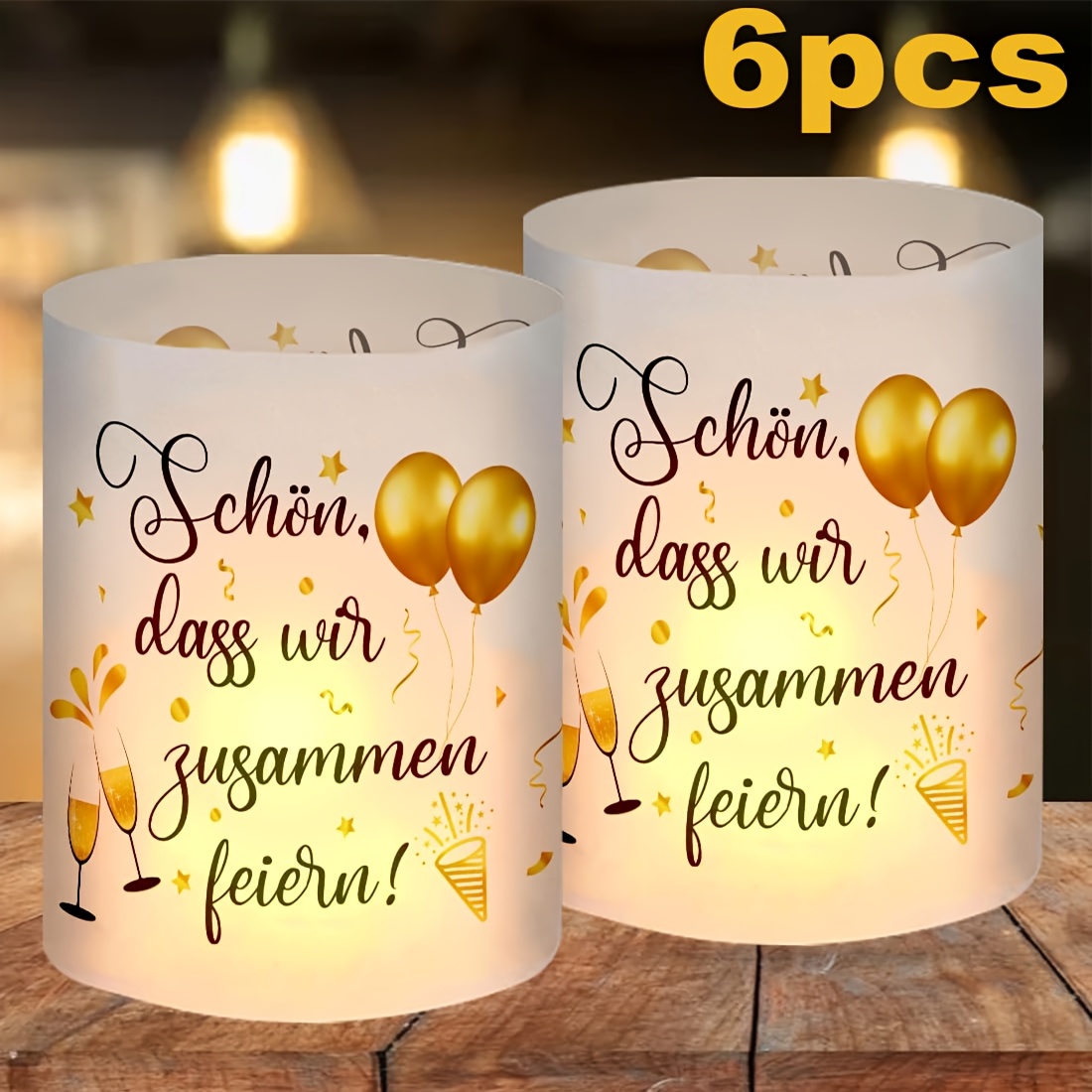 E-shop Set mit 6, Deutsche Geburtstagskerzenhalter für Tischdekoration, Silvester Kerzenhalter Deko mit Sätzen wie 'Happy to ', geeignet für