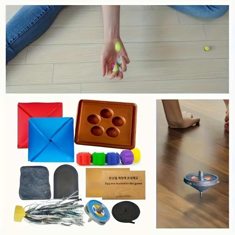 14pcs Korean traditional game set with card painting on top, Korean Jacks Gonggi game package, complete props for stone-grabbing Korean nostalgic party games - suitable for indoor and outdoor entertainment, squid traditional party game set, grab stones, hit stone tablets, paper pieces, tops and shuttlecocks full combination, hand-eye coordination training