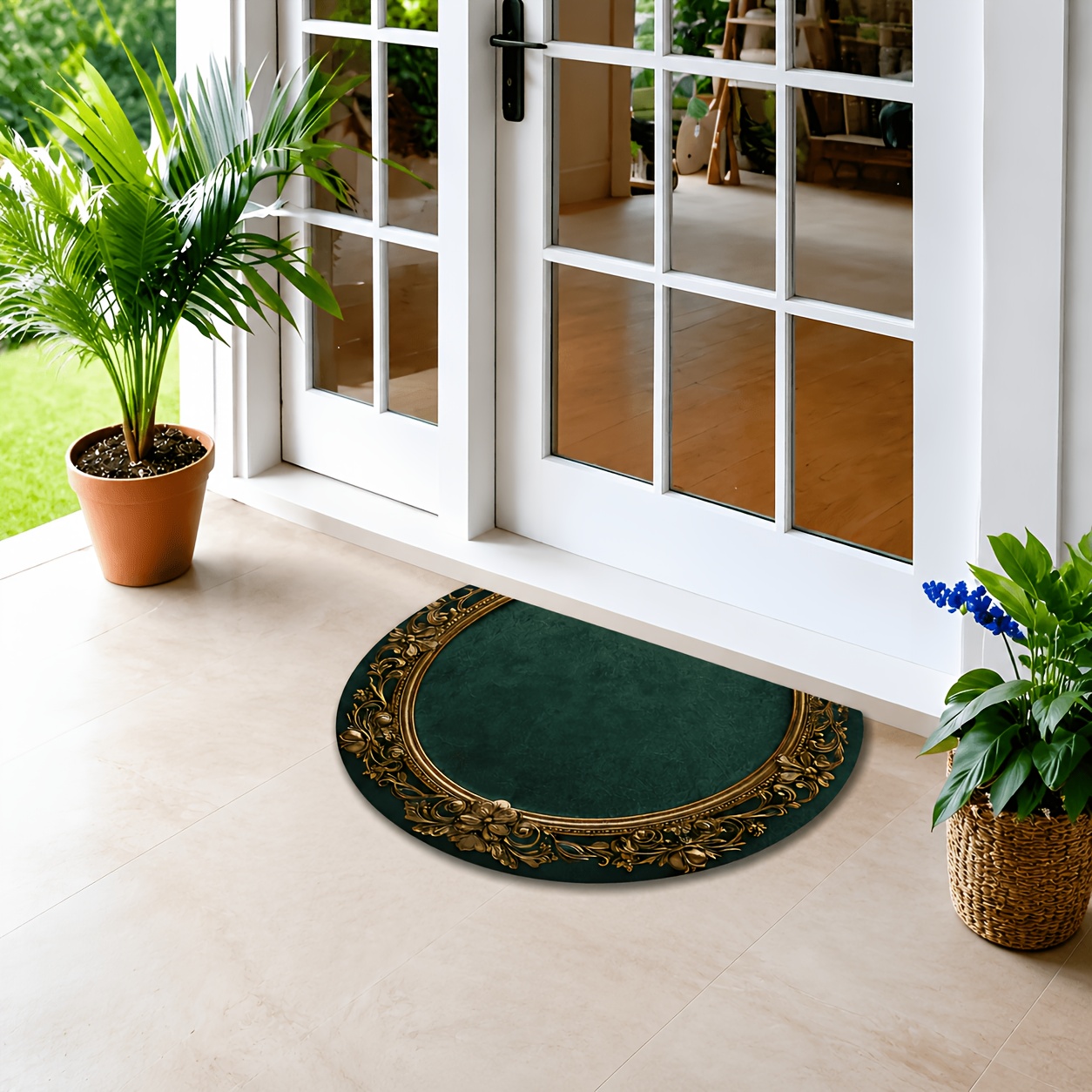 TEMU 1pc Deluxe Semi-circular Doormat With An Ornate - Dark , -washable Mat With Backing, 0.392 Inches Thick, 500 Grams Per , Suitable For Indoor And