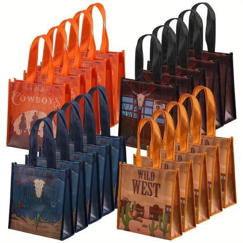 24pcs western cowboy treat bags wild west party favor bags with sturdy handles 4 designs cowboy silhouette wild west sign cactus ranch durable non woven fabric for boys birthday decorations western theme parties cowboy themed events kid party favors vibrant illustrations vibrant handle accents