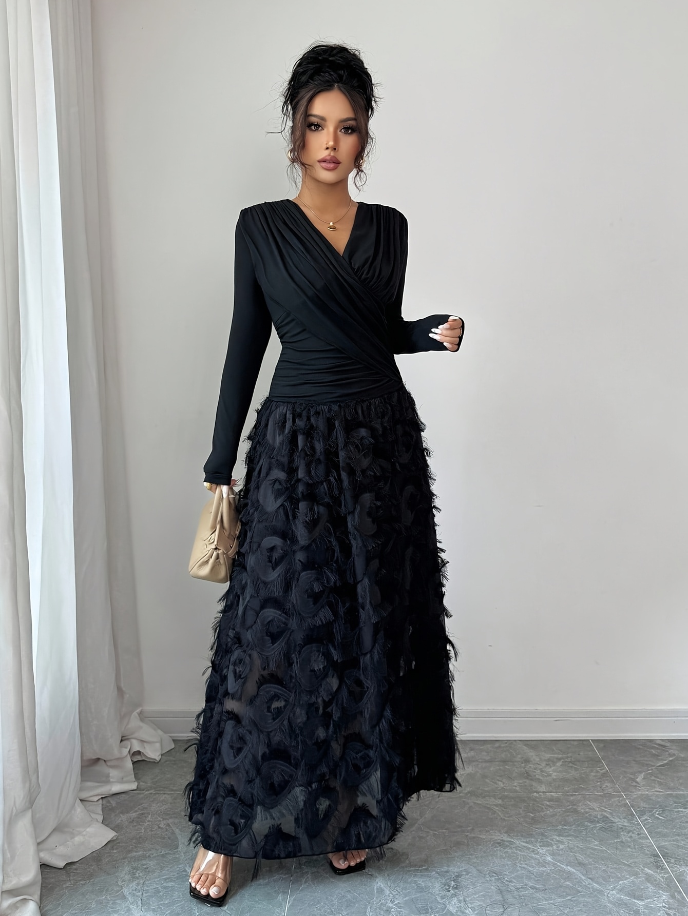 long sleeve black tassel dress ASOS DESIGN floral embroidered long sleeve mini dress with fringe in black