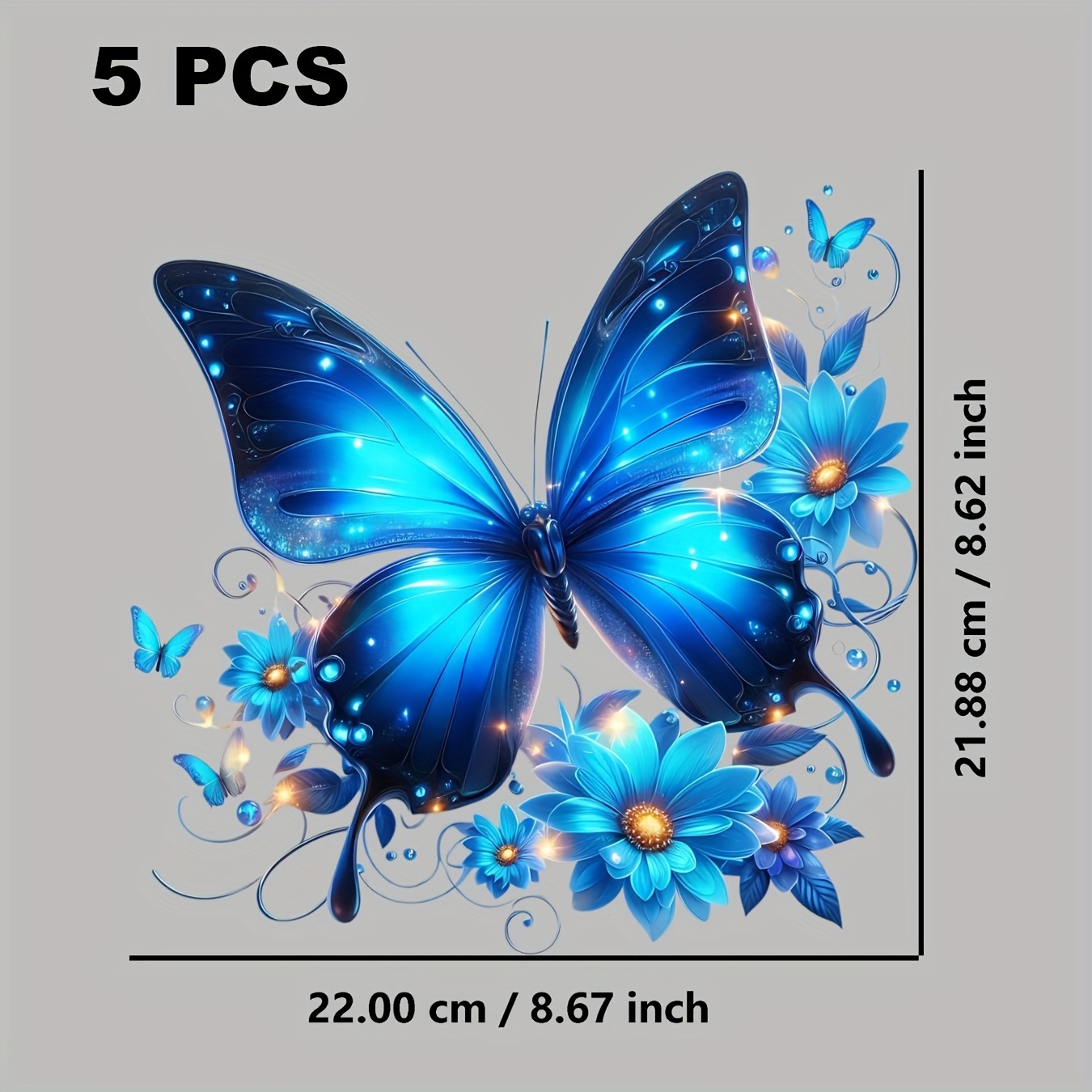 E-shop 5-Pack Glitzernde Blaue Schmetterling Bügeltransferfolien - Glänzende Vinyl DIY Heißpress-Patches für Kleidung, Stoff, Jeans, T-Shirts,