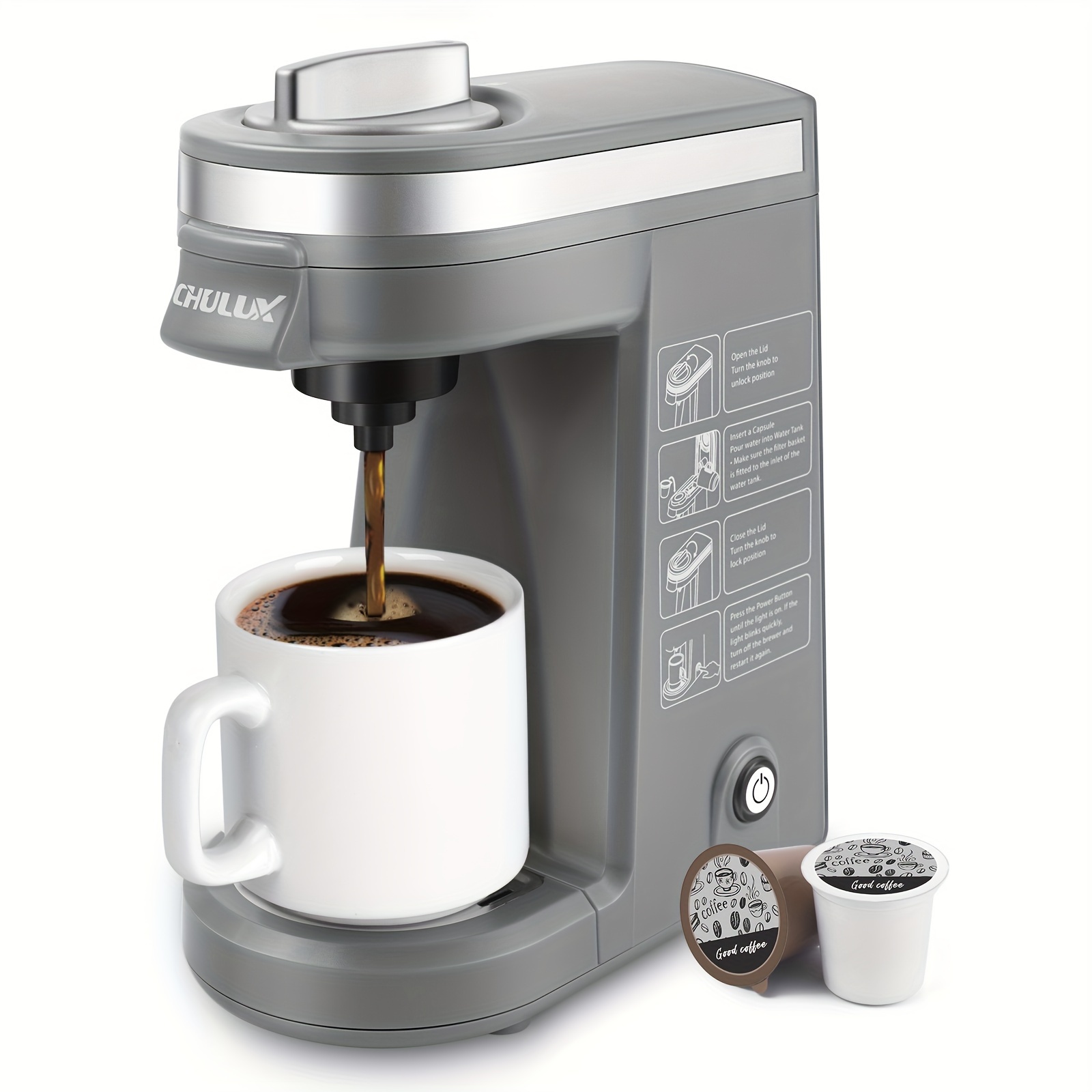 

Chulux Single Serve Coffee Maker For K Pod Capsule And Ground Coffee, Fast Brewing System, Gray