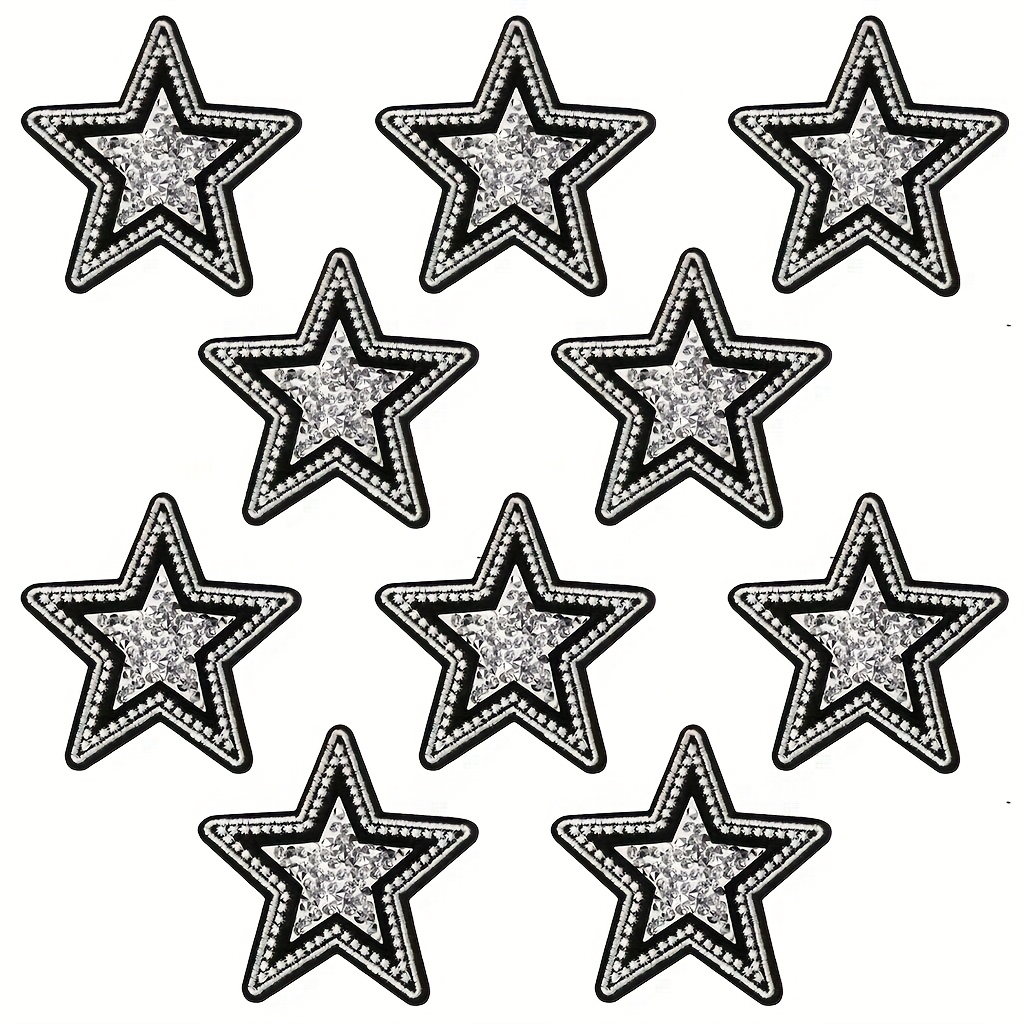 TEMU 10pcs Black And White Iron-on Patches, Shiny Pentagram Embroidered Appliques For Diy Decoration On Clothes, Shoes, Hats, Bags – Sewing Or