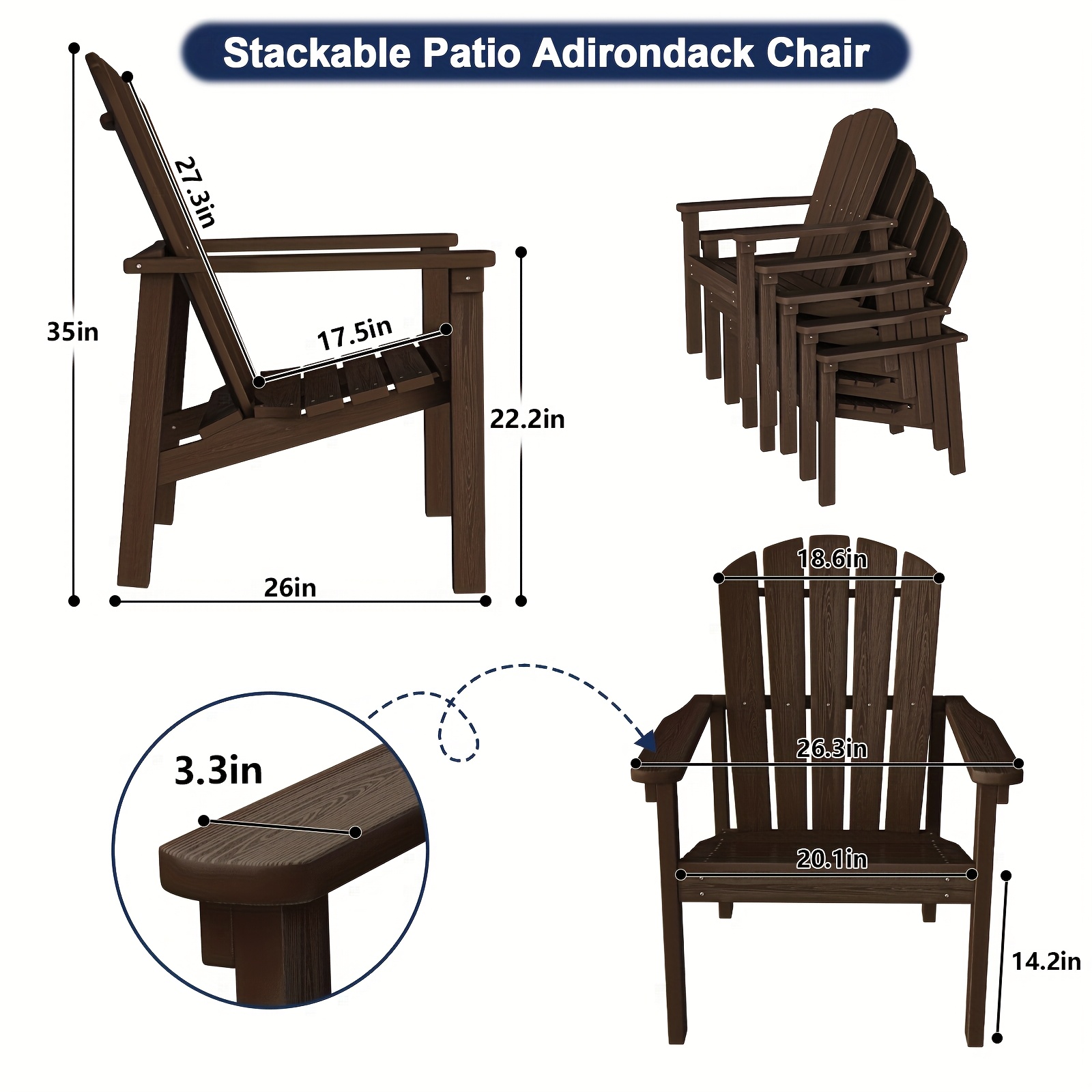 Adirondack Chair, Space-Saving Stackable Design, HDPE Material Wood Grain Finish, Ergonomic Slight Tilt, Perfect for Patio Backyard Deck & Fire Pit, Dining Chair Size
